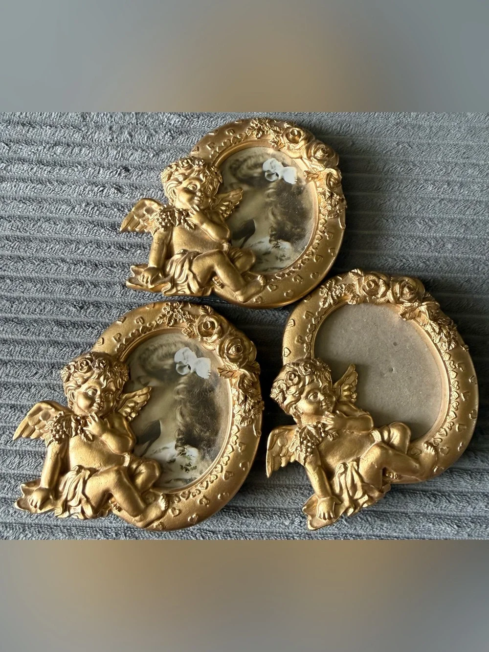 Lot of 3 Small Angel Vintage Gold Cherub Oval Picture Frames